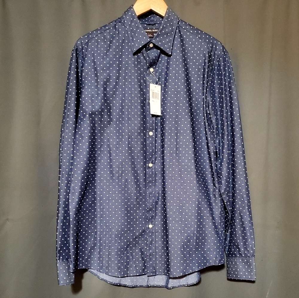 Michael Kors Navy Blue Poka dot Long Sleeve Button Up Size Large NWT